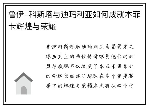 鲁伊-科斯塔与迪玛利亚如何成就本菲卡辉煌与荣耀
