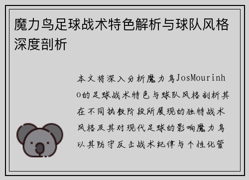 魔力鸟足球战术特色解析与球队风格深度剖析